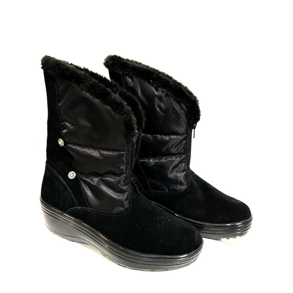Skechers Women's Sz 7.5 Alaska Black Quilted Suede Leather Winter Boots Faux Fur - Picture 1 of 9